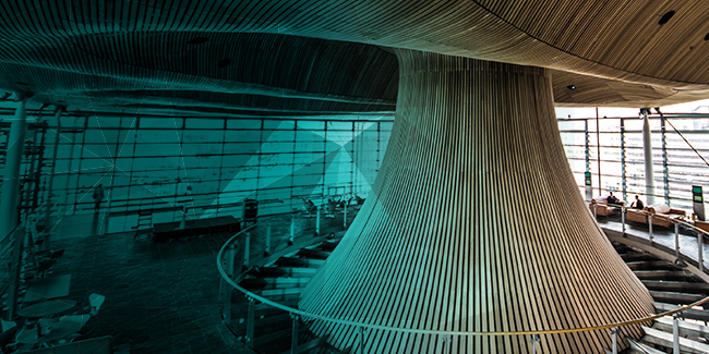 The inside of the Senedd in Cardiff Bay