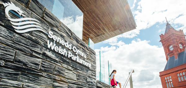 Woman sitting on Senedd steps